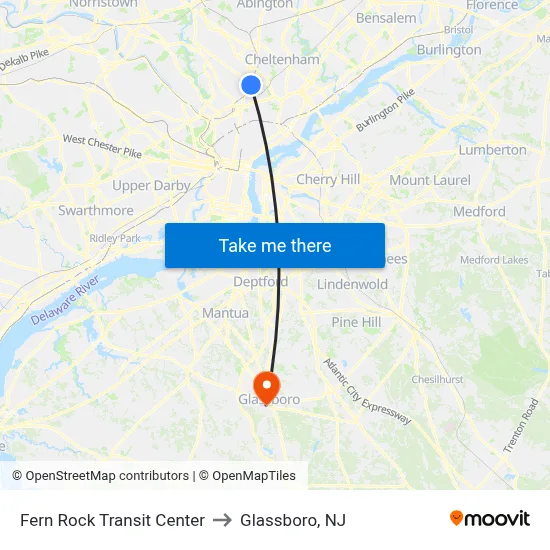 Fern Rock Transit Center to Glassboro, NJ map