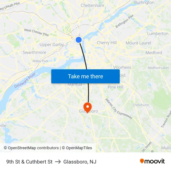 9th St & Cuthbert St to Glassboro, NJ map