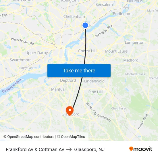 Frankford Av & Cottman Av to Glassboro, NJ map