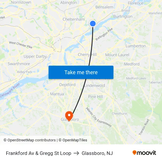 Frankford Av & Gregg St Loop to Glassboro, NJ map