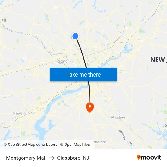 Montgomery Mall to Glassboro, NJ map