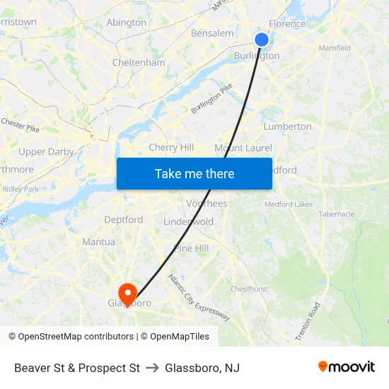 Beaver St & Prospect St to Glassboro, NJ map