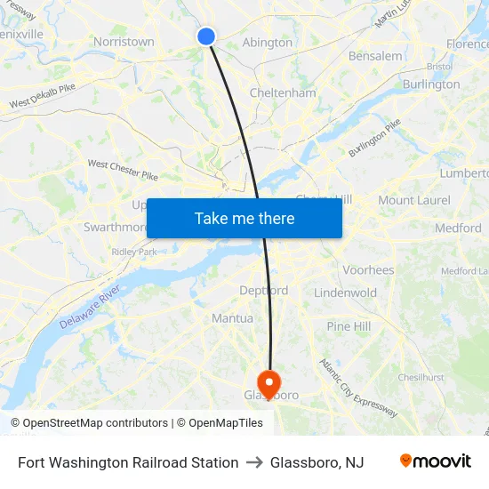 Fort Washington Railroad Station to Glassboro, NJ map