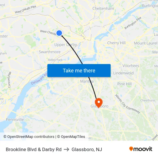 Brookline Blvd & Darby Rd to Glassboro, NJ map