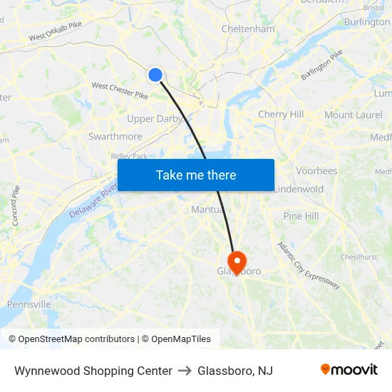 Wynnewood Shopping Center to Glassboro, NJ map