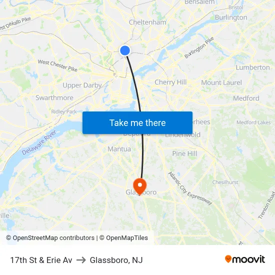 17th St & Erie Av to Glassboro, NJ map