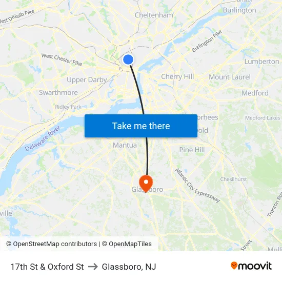 17th St & Oxford St to Glassboro, NJ map