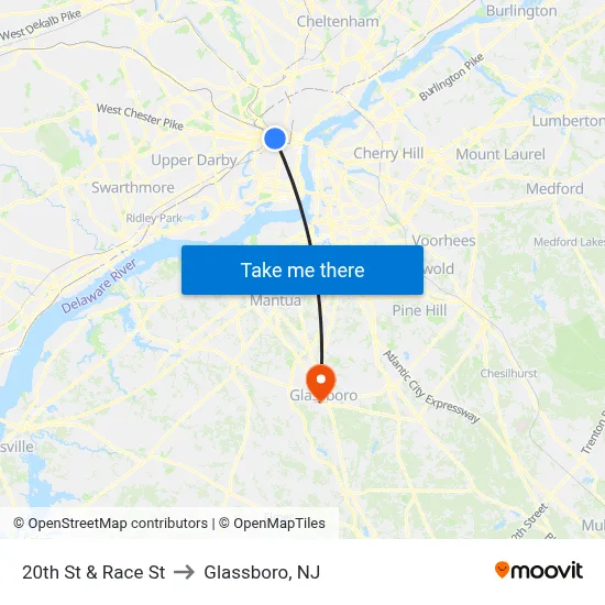 20th St & Race St to Glassboro, NJ map