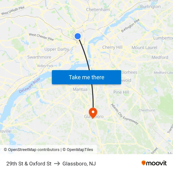 29th St & Oxford St to Glassboro, NJ map