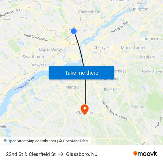 22nd St & Clearfield St to Glassboro, NJ map