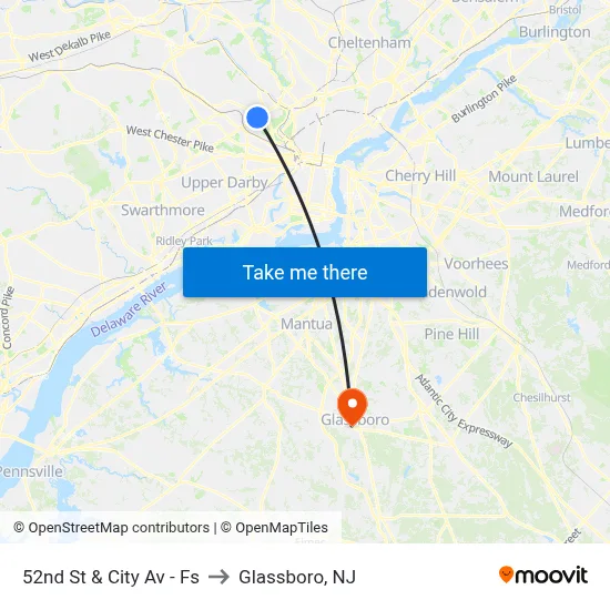52nd St & City Av - Fs to Glassboro, NJ map