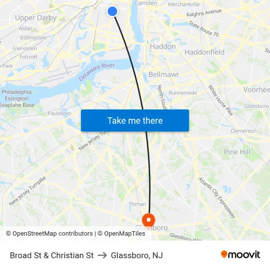 Broad St & Christian St to Glassboro, NJ map