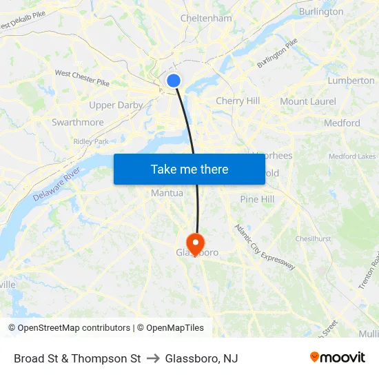 Broad St & Thompson St to Glassboro, NJ map