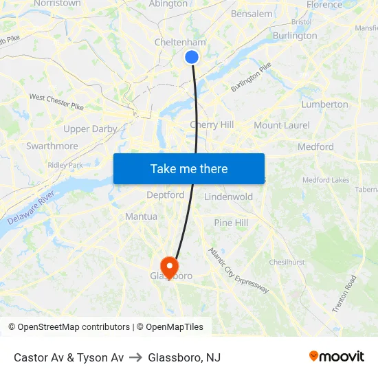 Castor Av & Tyson Av to Glassboro, NJ map