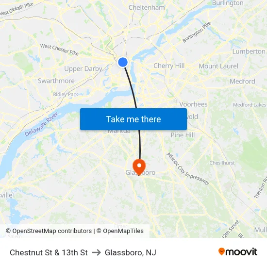 Chestnut St & 13th St to Glassboro, NJ map