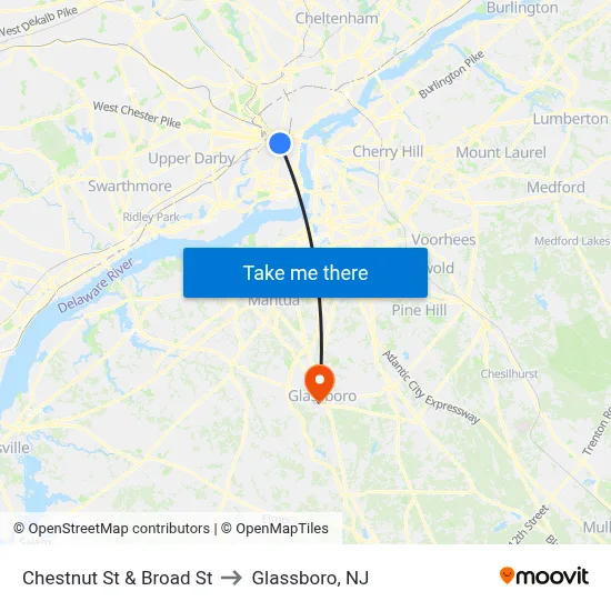 Chestnut St & Broad St to Glassboro, NJ map