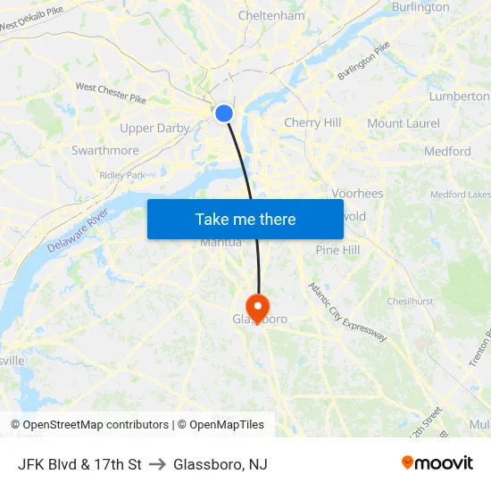 JFK Blvd & 17th St to Glassboro, NJ map
