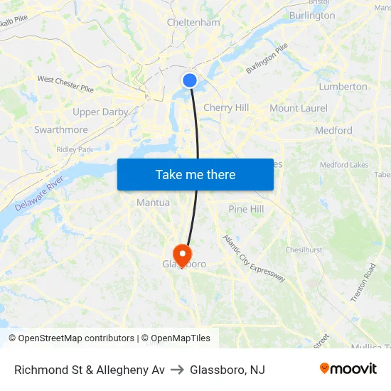 Richmond St & Allegheny Av to Glassboro, NJ map
