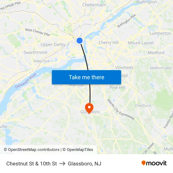 Chestnut St & 10th St to Glassboro, NJ map