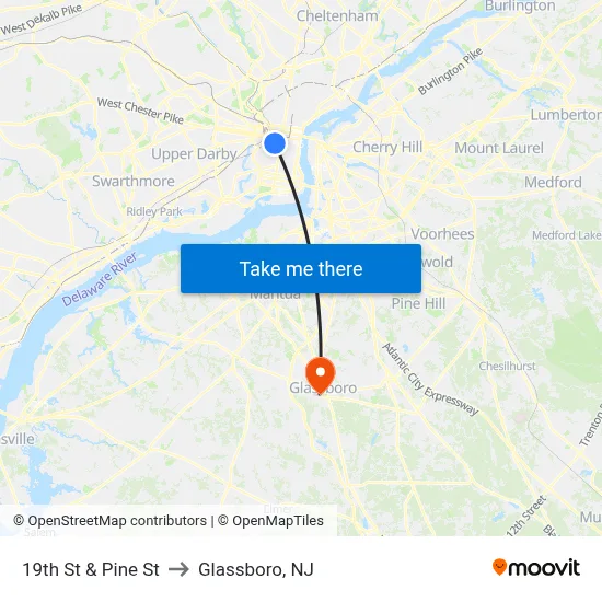 19th St & Pine St to Glassboro, NJ map