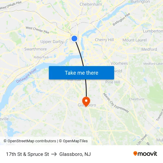 17th St & Spruce St to Glassboro, NJ map