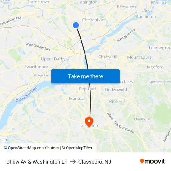 Chew Av & Washington Ln to Glassboro, NJ map