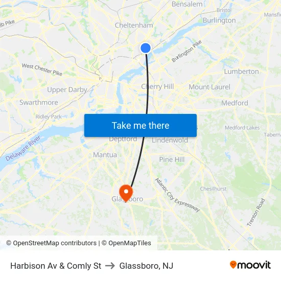 Harbison Av & Comly St to Glassboro, NJ map