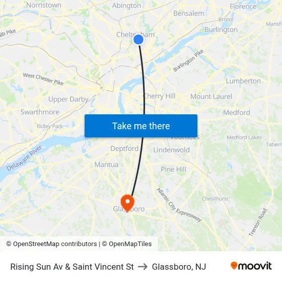 Rising Sun Av & Saint Vincent St to Glassboro, NJ map