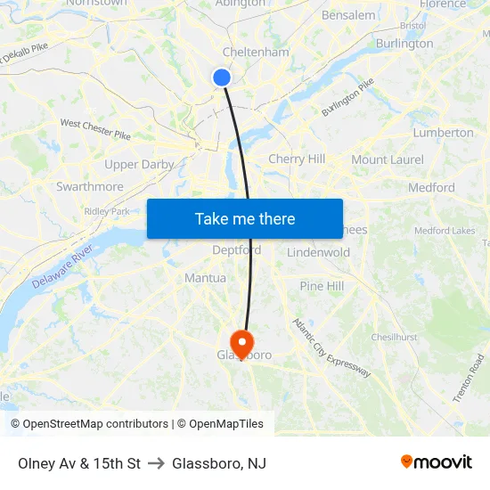 Olney Av & 15th St to Glassboro, NJ map