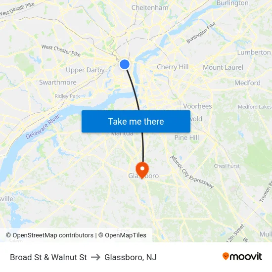 Broad St & Walnut St to Glassboro, NJ map