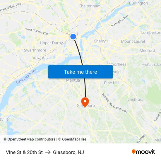 Vine St & 20th St to Glassboro, NJ map