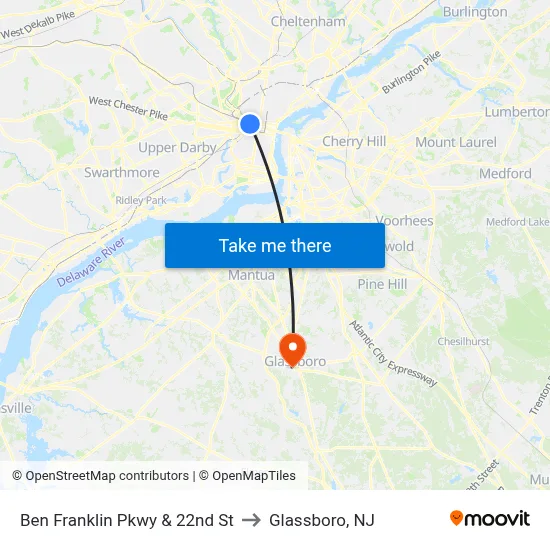 Ben Franklin Pkwy & 22nd St to Glassboro, NJ map
