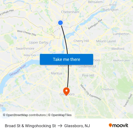 Broad St & Wingohocking St to Glassboro, NJ map