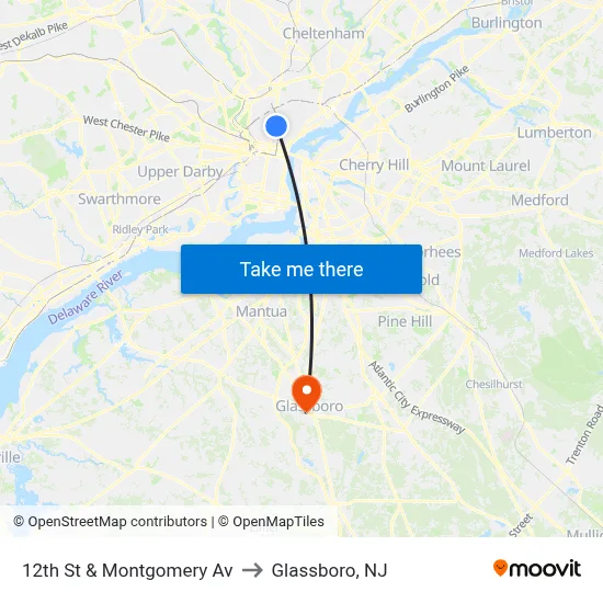 12th St & Montgomery Av to Glassboro, NJ map