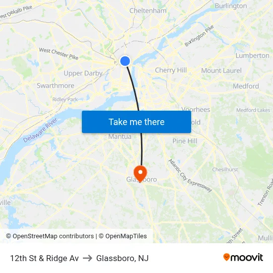 12th St & Ridge Av to Glassboro, NJ map