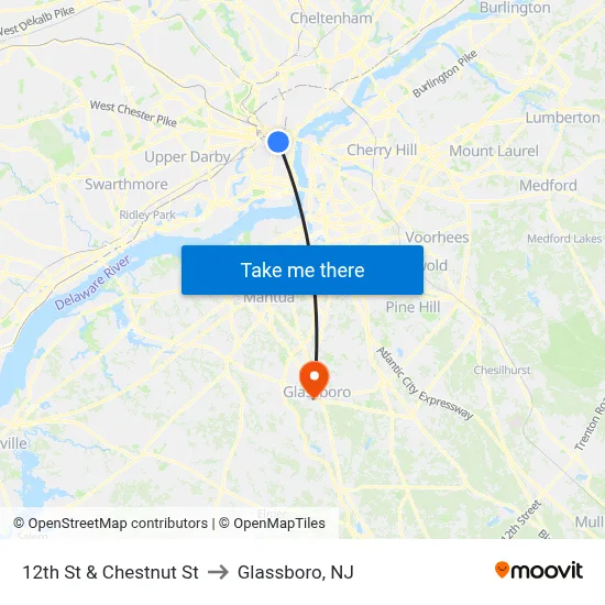 12th St & Chestnut St to Glassboro, NJ map