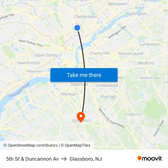 5th St & Duncannon Av to Glassboro, NJ map