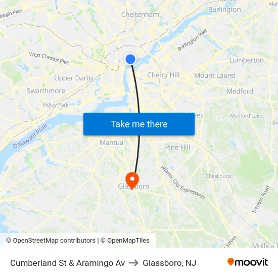 Cumberland St & Aramingo Av to Glassboro, NJ map