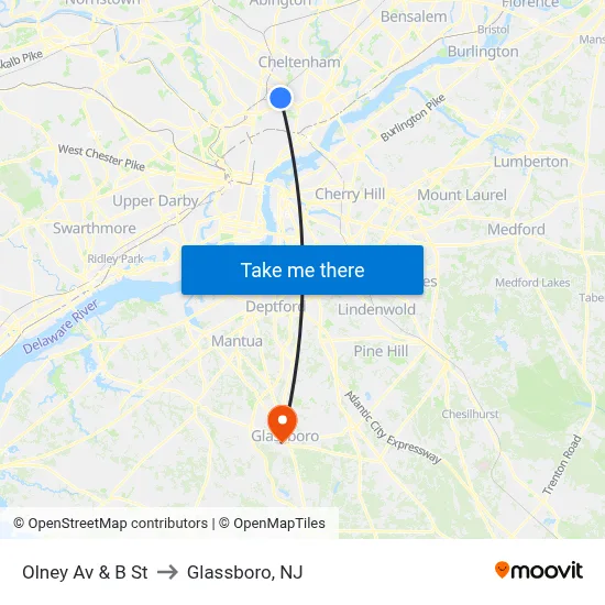Olney Av & B St to Glassboro, NJ map