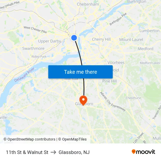 11th St & Walnut St to Glassboro, NJ map