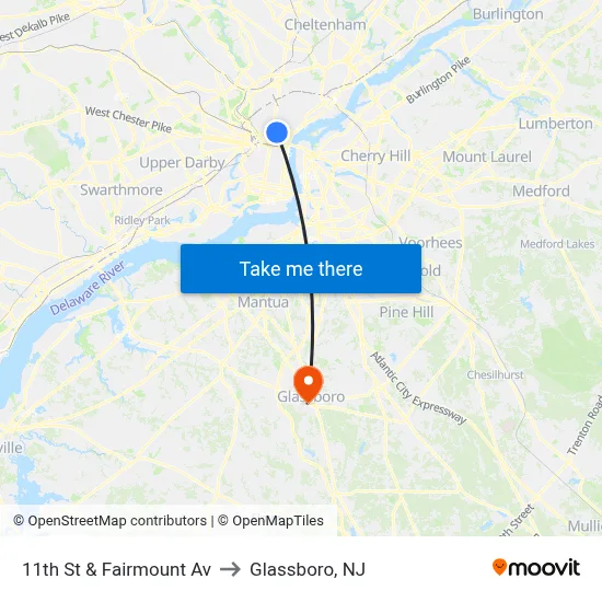 11th St & Fairmount Av to Glassboro, NJ map