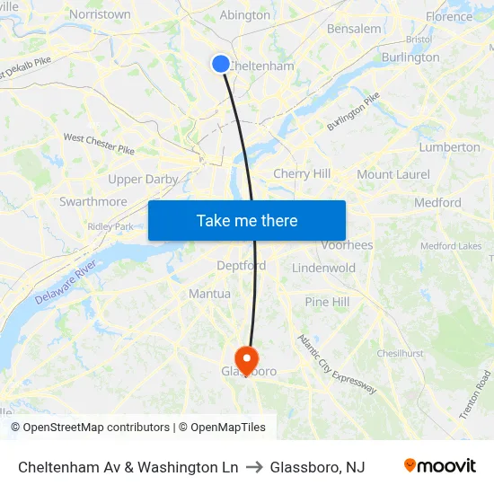 Cheltenham Av & Washington Ln to Glassboro, NJ map