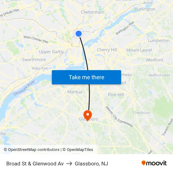 Broad St & Glenwood Av to Glassboro, NJ map