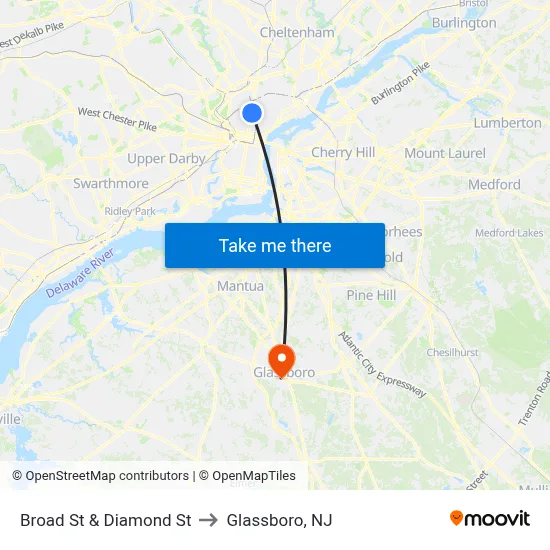 Broad St & Diamond St to Glassboro, NJ map