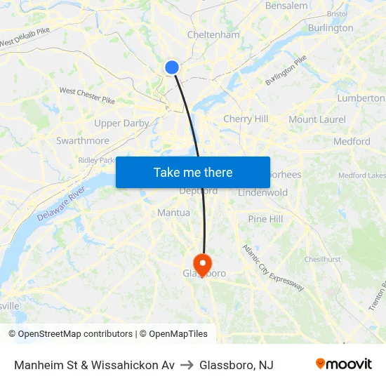 Manheim St & Wissahickon Av to Glassboro, NJ map