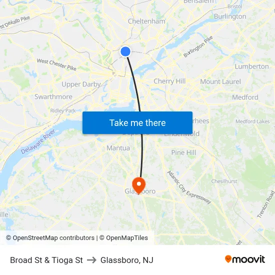 Broad St & Tioga St to Glassboro, NJ map