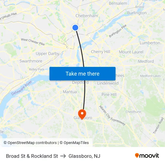 Broad St & Rockland St to Glassboro, NJ map