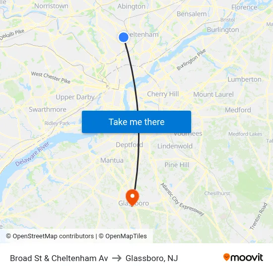 Broad St & Cheltenham Av to Glassboro, NJ map