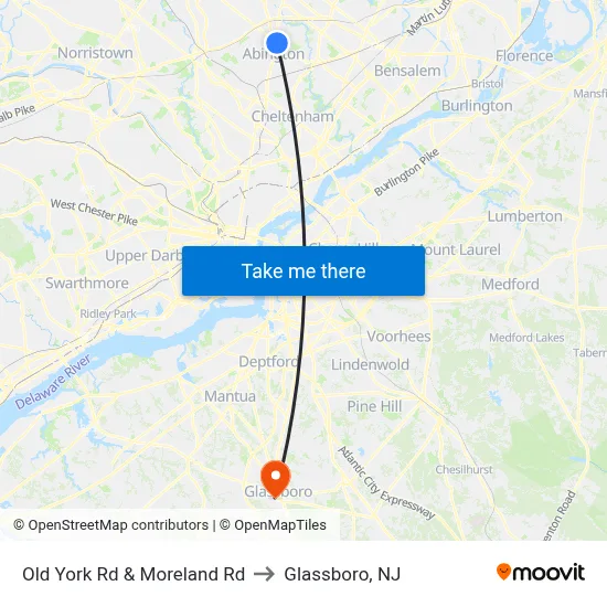 Old York Rd & Moreland Rd to Glassboro, NJ map