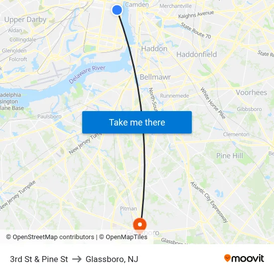 3rd St & Pine St to Glassboro, NJ map